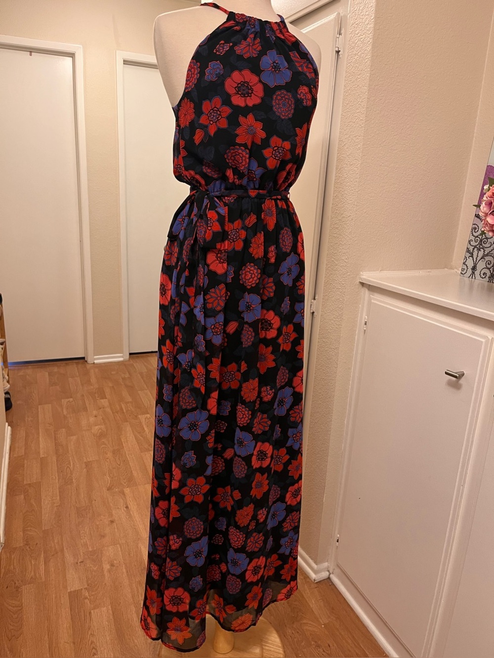 ModCloth Black Halter Maxi Dress with Red & Purple Floral Print - Size Small